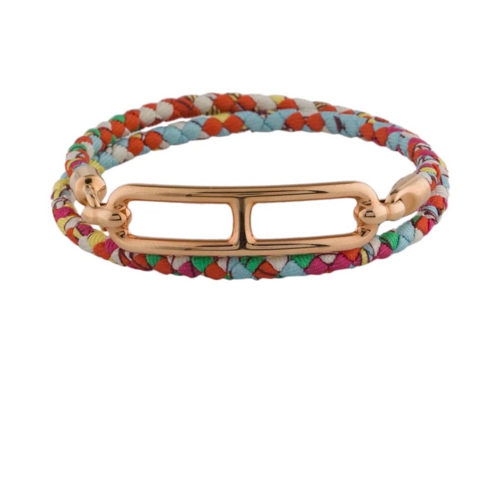 Hermes Romulus Double Tour Rose Gold Bar Multicolor Braided Wrap Bracelet